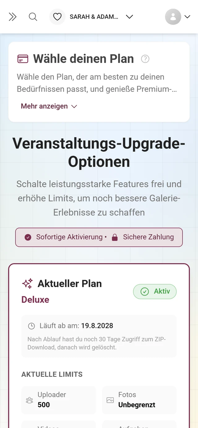 Paket-Bereich des Gastgebers mit aktuellem Plan und Limits