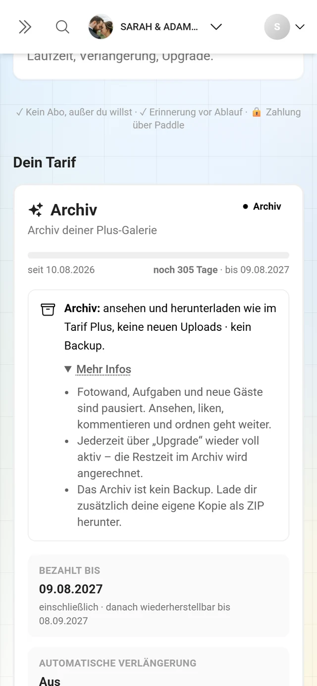 Karte Dein Tarif im Archiv mit violettem Rahmen, Pille Archiv, Laufzeitbalken und aufgeklapptem Hinweis zum Archiv