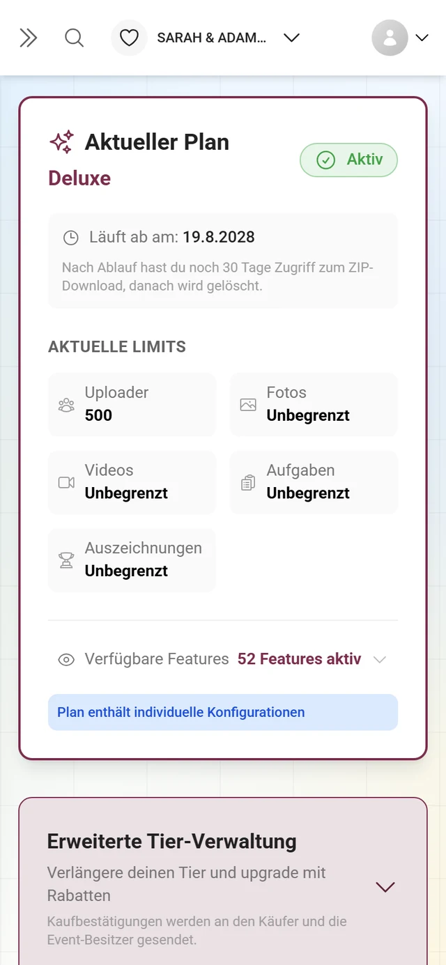 Karte Aktueller Plan mit Paketnamen, Ablaufdatum und Limits