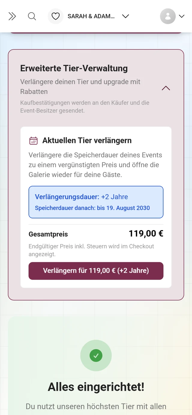 Aufgeklappte Box Erweiterte Tier-Verwaltung mit Verlängerungsdauer, Ergebnisdatum, Gesamtpreis und Kauf-Knopf