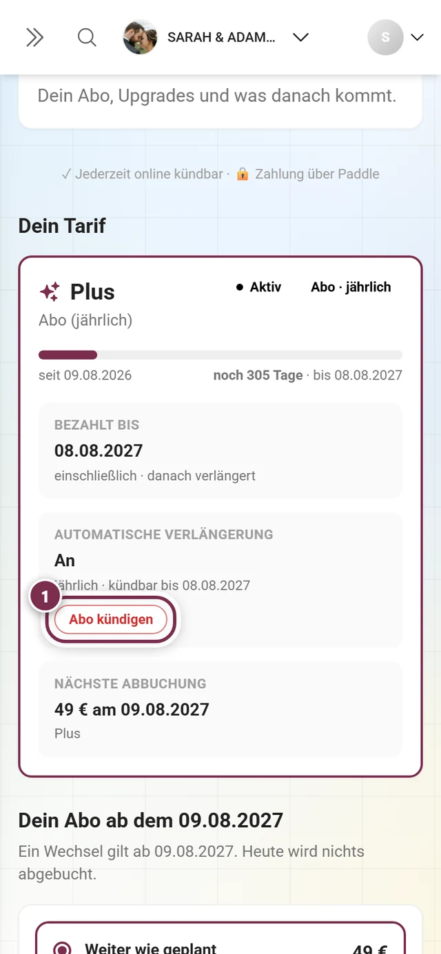 Karte Dein Tarif mit den Pillen Aktiv und Abo · jährlich, den Kacheln Automatische Verlängerung An und Nächste Abbuchung sowie dem Knopf Abo kündigen