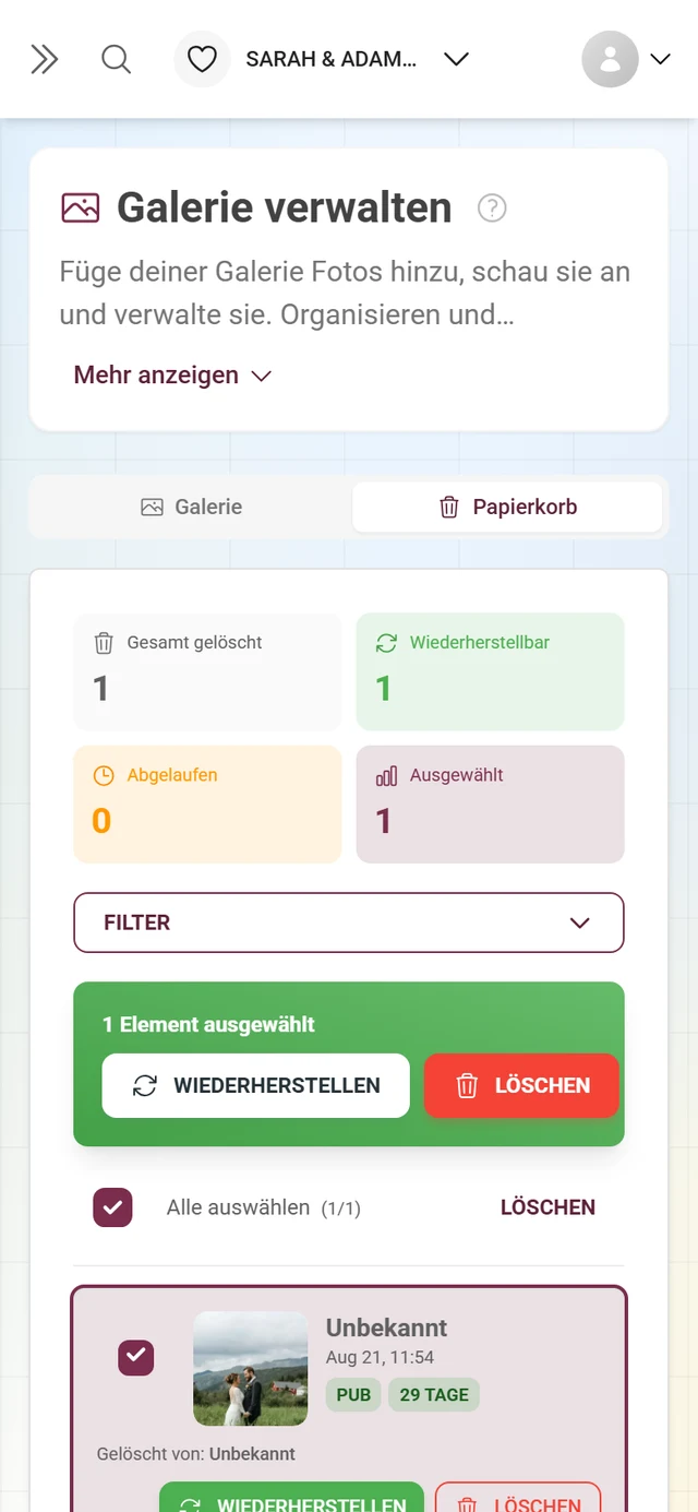 Papierkorb mit einem markierten Element und der grünen Aktionsleiste mit Mehrere wiederherstellen und Mehrere löschen
