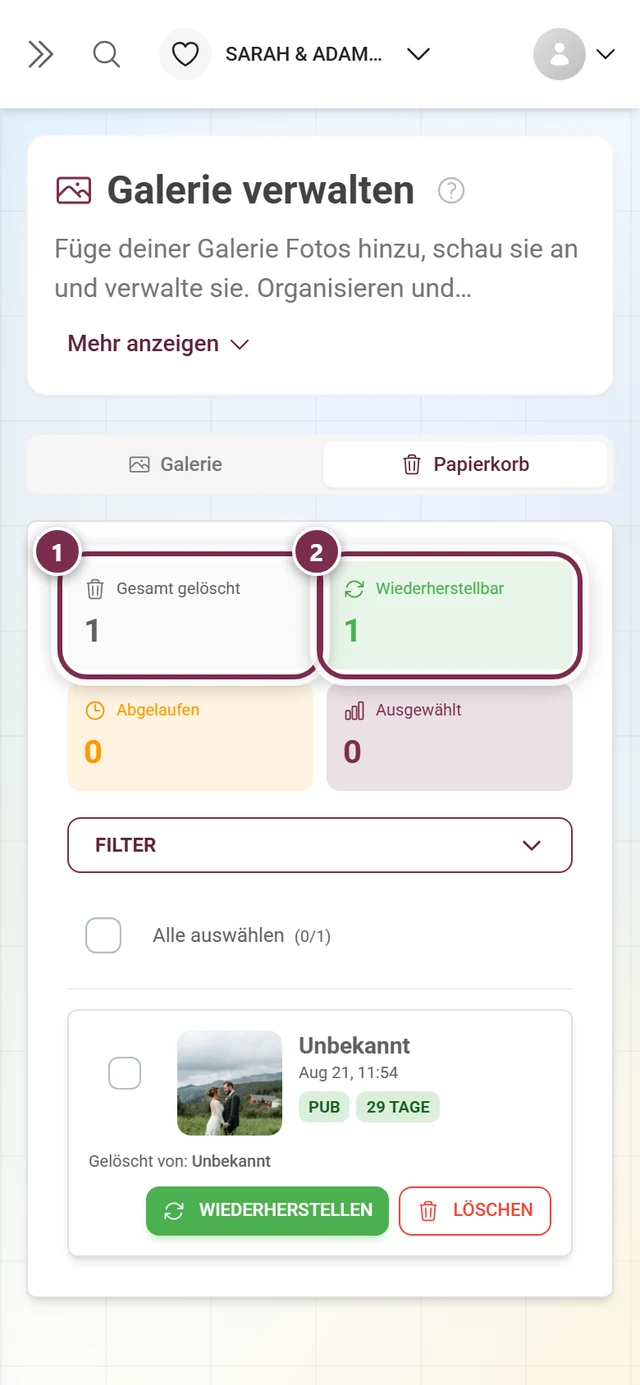 Statistik-Kacheln des Papierkorbs, Gesamt gelöscht und Wiederherstellbar markiert