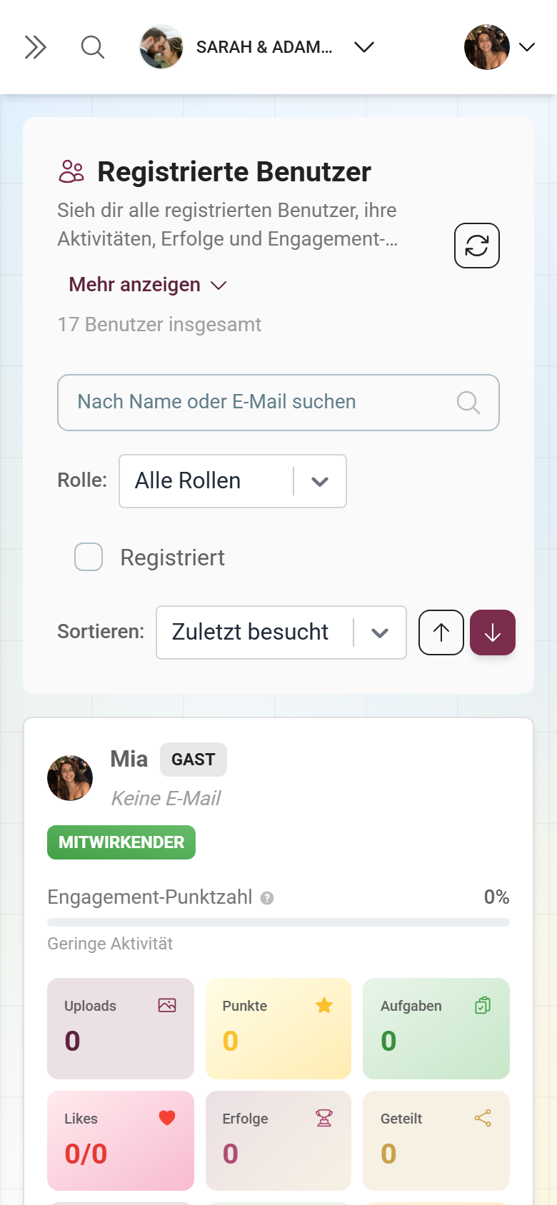 Teilnehmerliste als Karten mit Name, Rolle und Aktivitätskennzahlen pro Gast