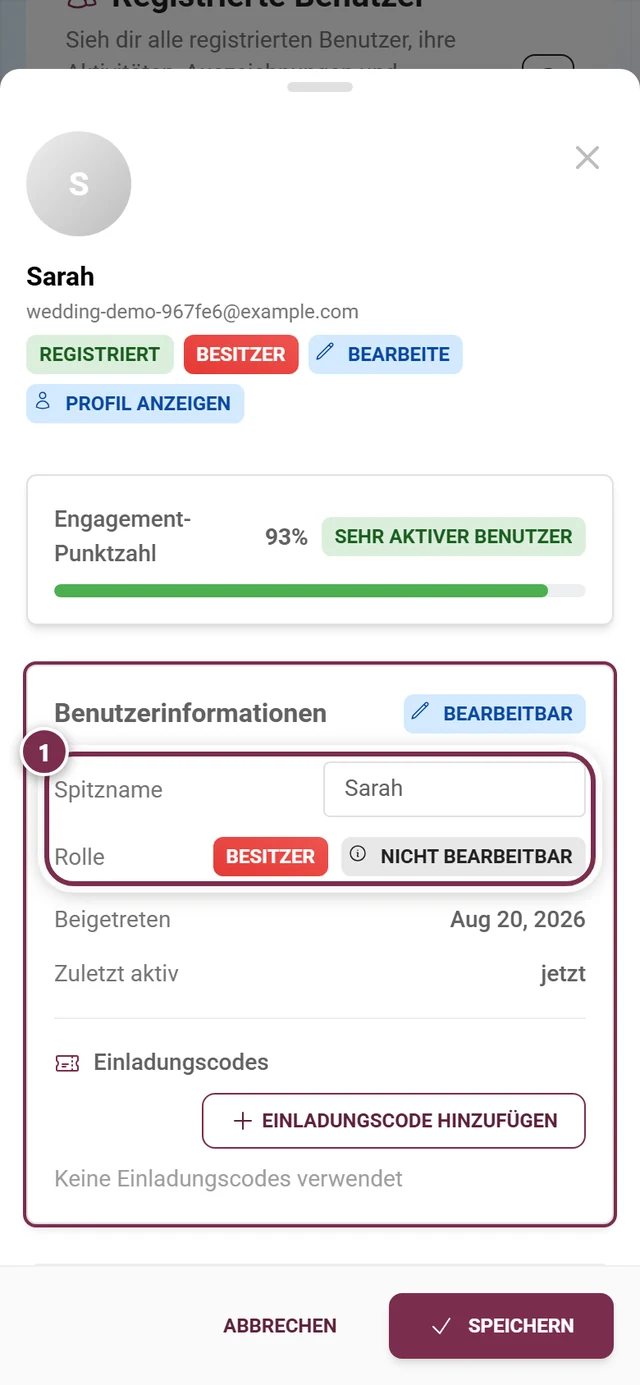 Detail-Dialog eines Teilnehmers im Bearbeiten-Modus mit hervorgehobener Rollen-Zeile