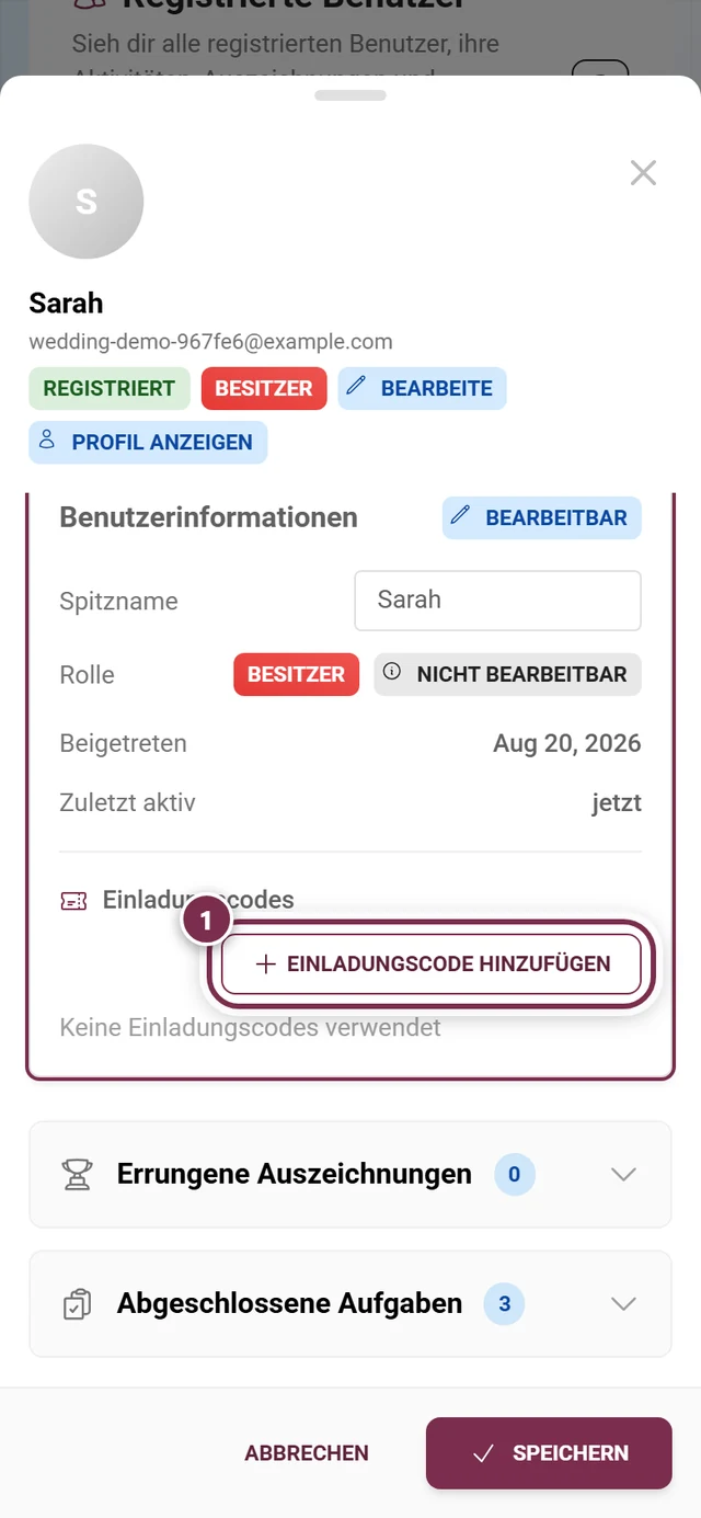 Abschnitt Einladungscodes im Teilnehmer-Dialog mit hervorgehobenem Hinzufügen-Knopf