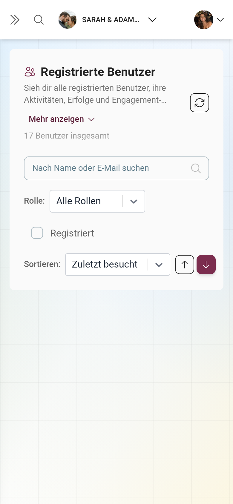 Teilnehmerliste in der Tabellenansicht mit Spalten für Benutzer, E-Mail, Rolle und weiteren Angaben