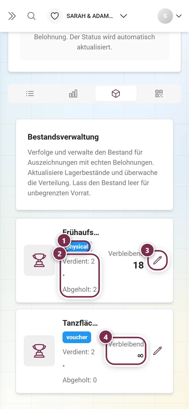 Reiter Bestand mit markiertem Typ-Chip, Zaehlern, Stift-Symbol und unbegrenztem Bestand