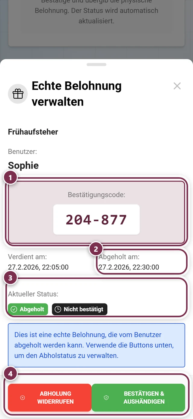 Dialog Echte Belohnung verwalten mit markiertem Code, Abholdatum, Status-Chips und den beiden Schaltflaechen