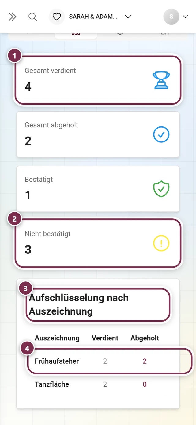 Reiter Statistiken mit vier Summenkarten und der Tabelle Aufschlüsselung nach Auszeichnung
