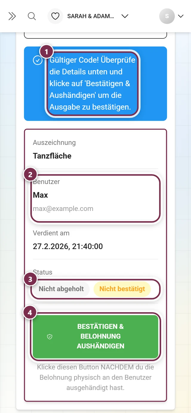 Reiter Code verifizieren nach erfolgreicher Pruefung mit Meldung, Detailkarte, Status-Chips und gruenem Knopf