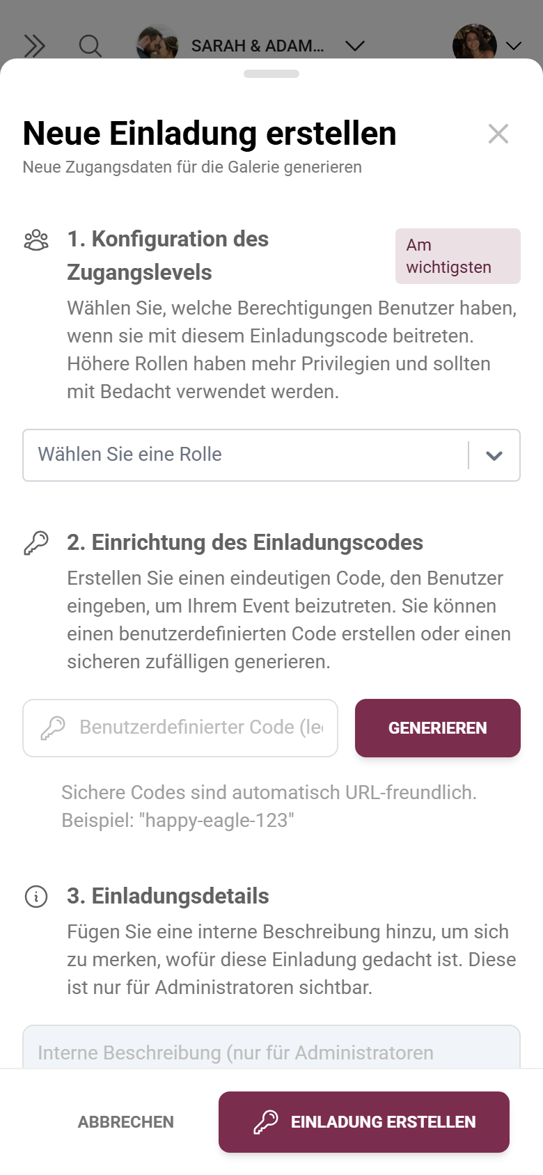 Dialog zum Anlegen einer benutzerdefinierten Rolle mit Rollenauswahl und Einladungscode