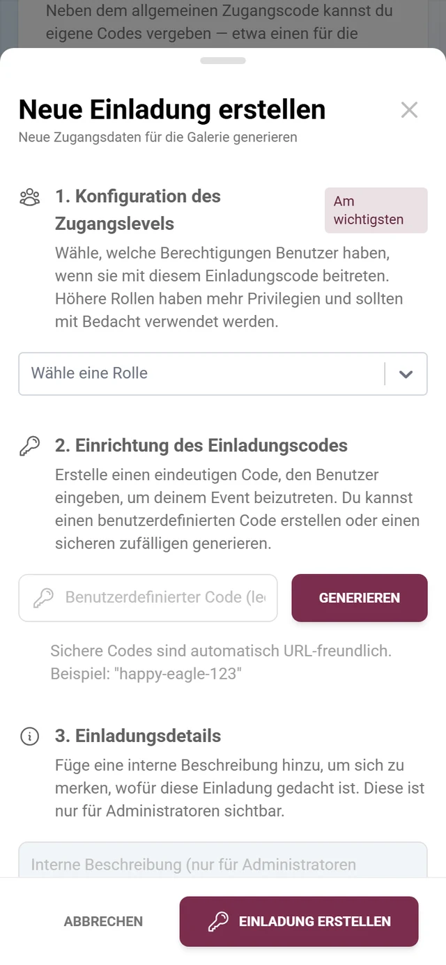 Dialog zum Anlegen einer Einladung mit Rollenauswahl und Einladungscode