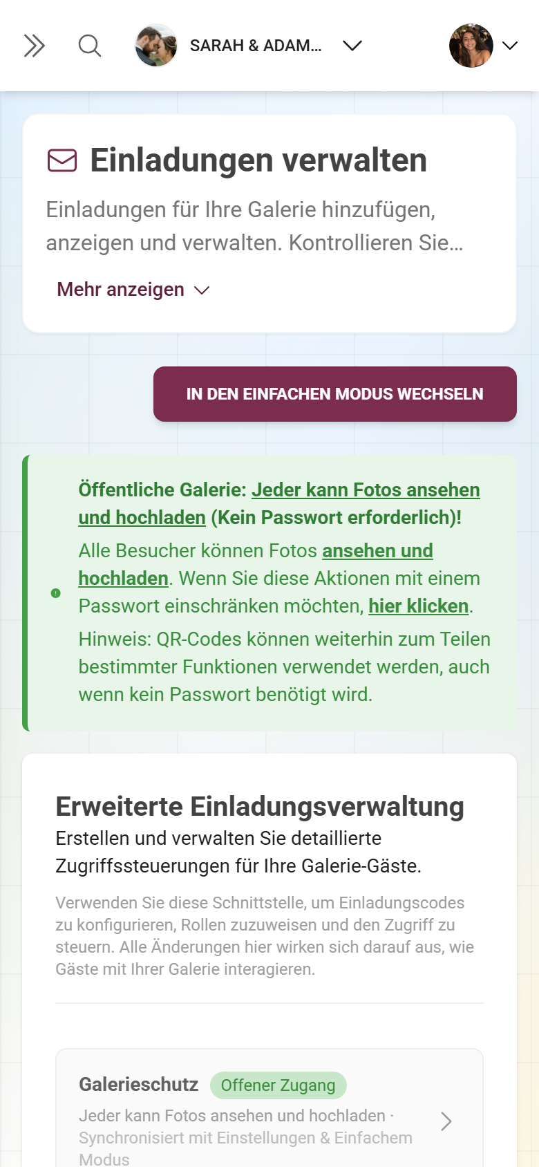 Erweiterter Modus mit der Tabelle eigener Einladungscodes, Rollen-Chips und Aktionen