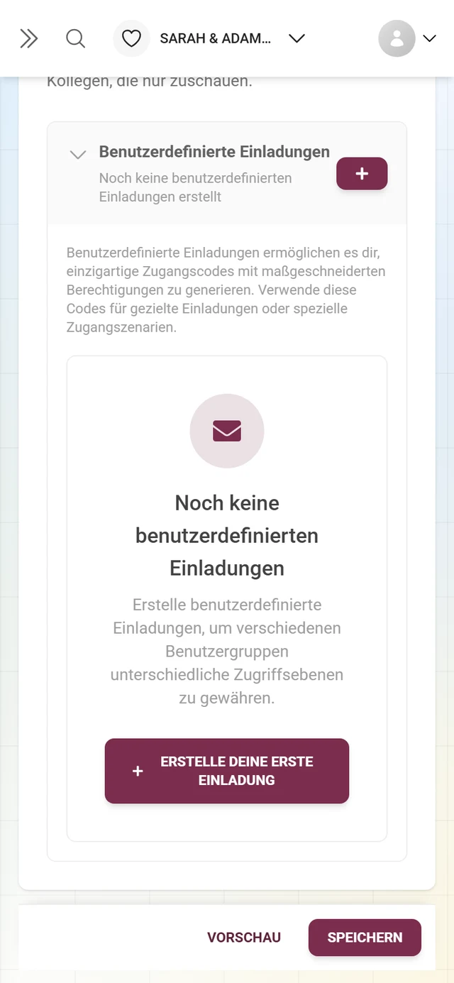 Der Block Benutzerdefinierte Einladungen mit eigenen Rollen und Berechtigungen