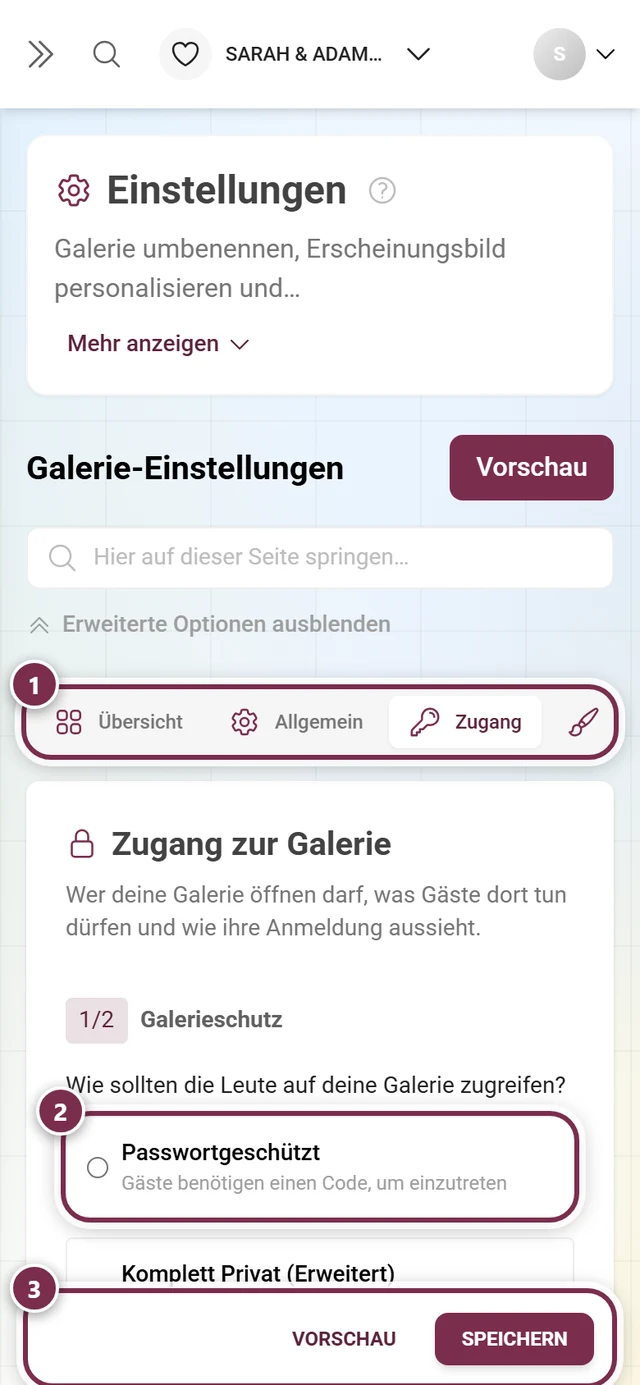 Der Reiter Zugang der Galerie-Einstellungen mit Galerieschutz, Benutzerberechtigungen und Einladungscodes