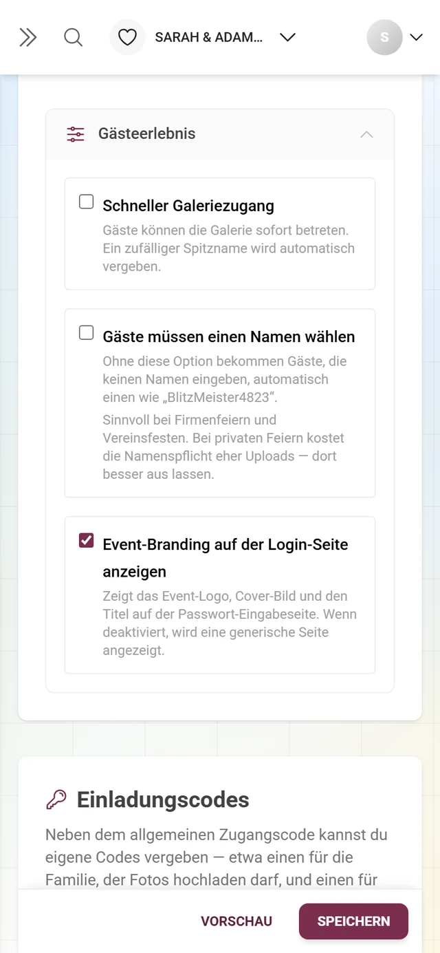 Aufgeklappter Faltbereich Gästeerlebnis mit den Häkchen Schneller Galeriezugang, Gäste müssen einen Namen wählen und Event-Branding auf der Login-Seite anzeigen