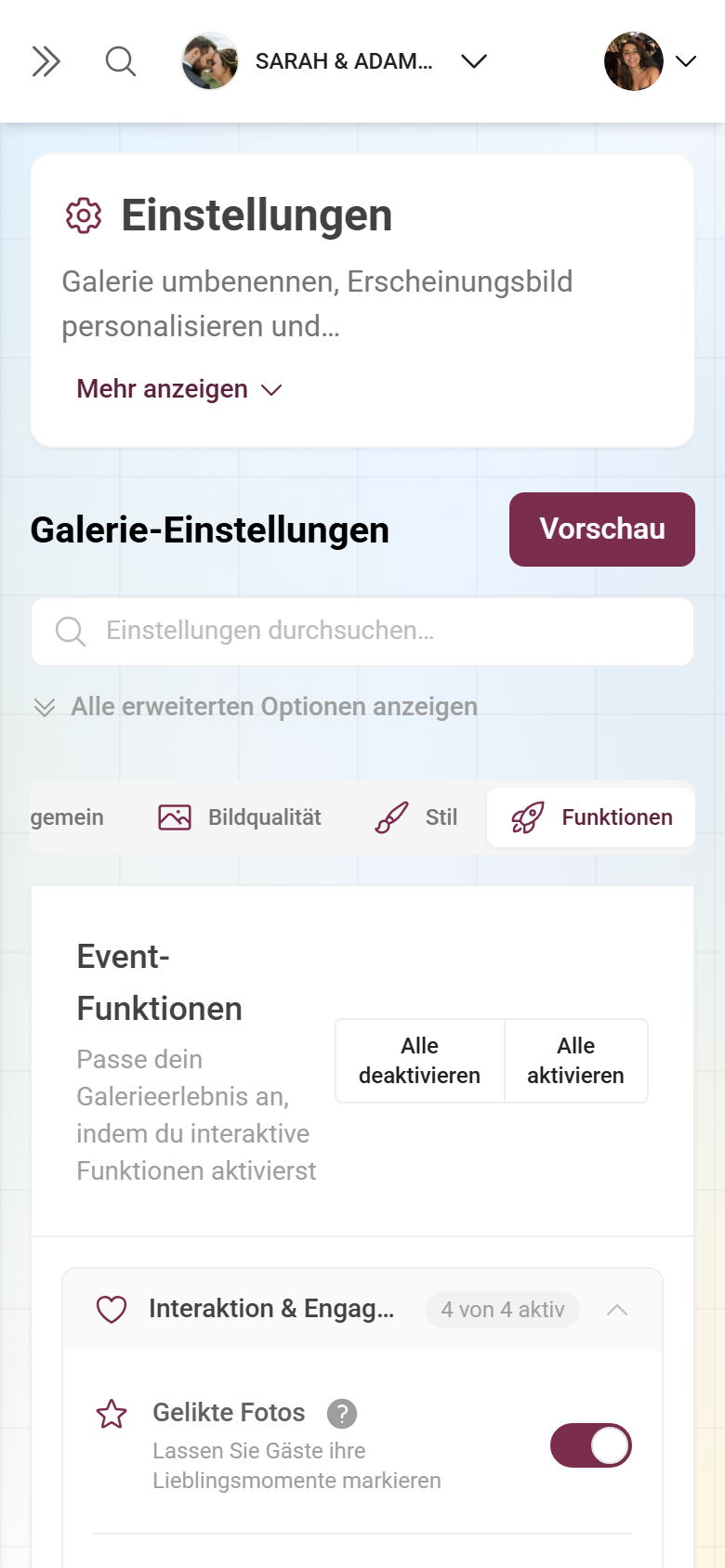 Funktionen-Tab mit Akkordeon-Sektionen und Schaltern für Likes, Kommentare, Downloads und mehr