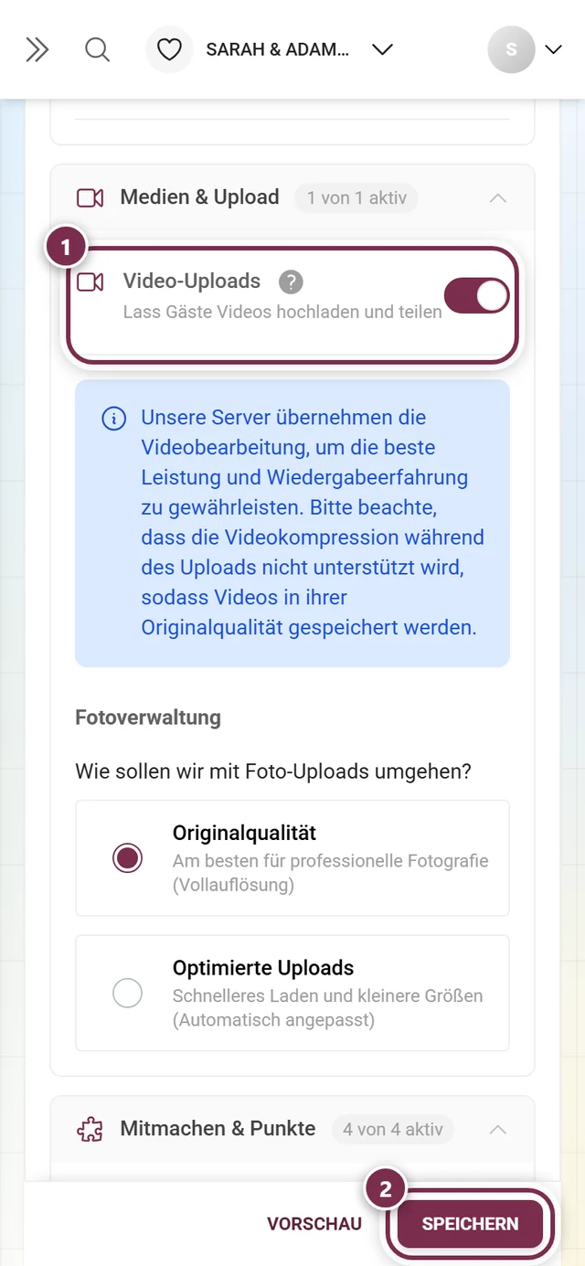 Funktionskarte Video-Uploads mit markiertem Schalter und Speicherleiste