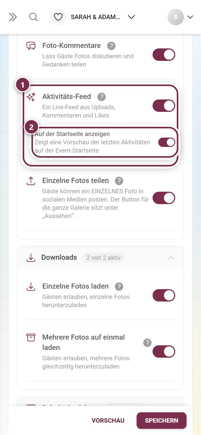 Funktionen-Einstellungen mit markierter Karte Aktivitäts-Feed und dem Unterschalter Auf der Startseite anzeigen