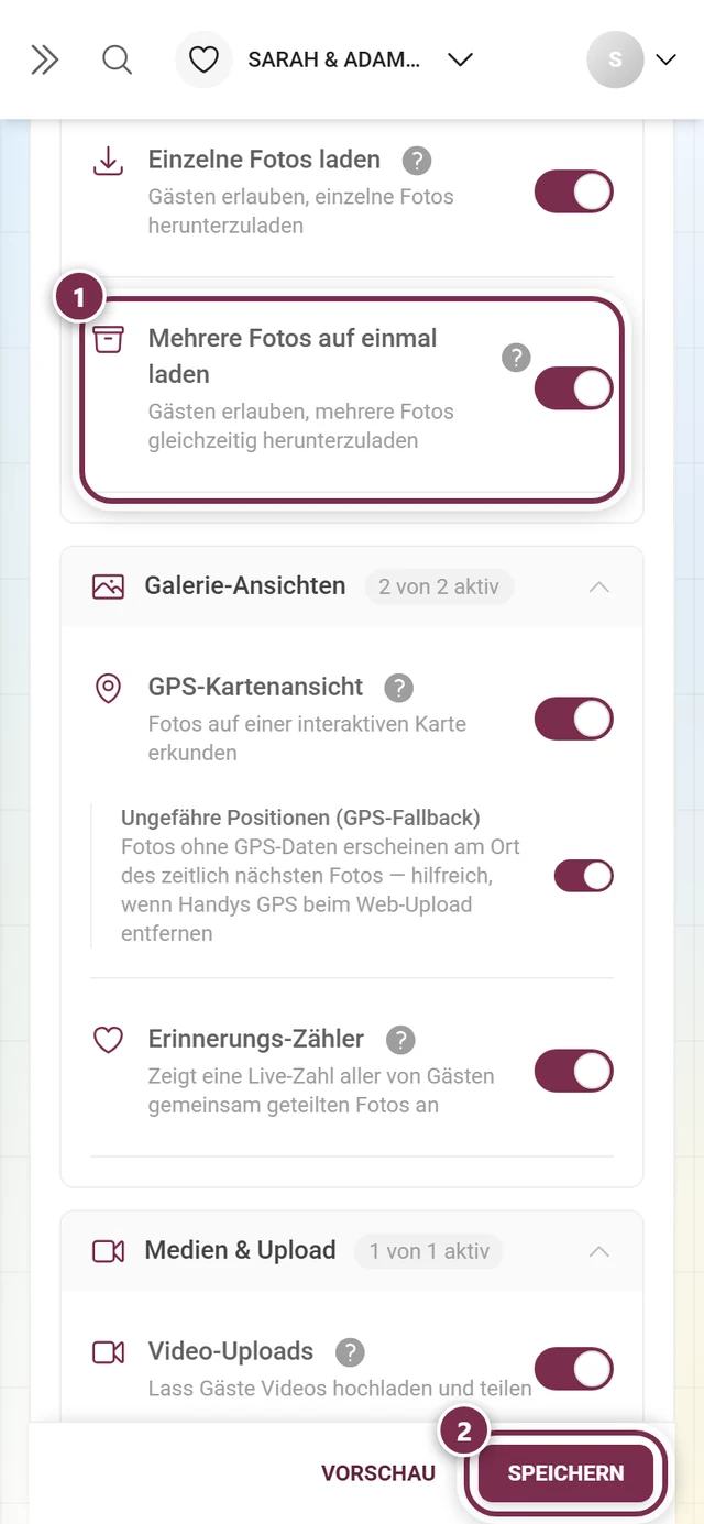 Funktionskarte für den Sammel-Download mit markiertem Schalter und Speicherleiste