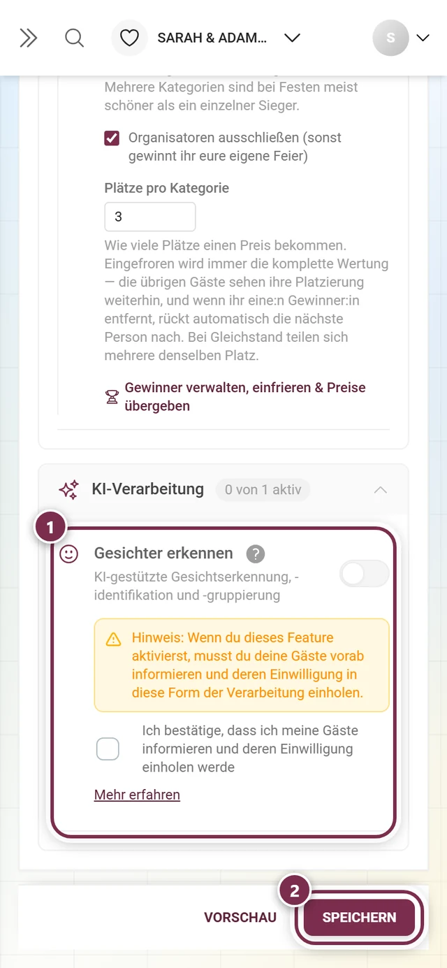 Funktionskarte Gesichter erkennen mit markiertem Schalter und Speicherleiste