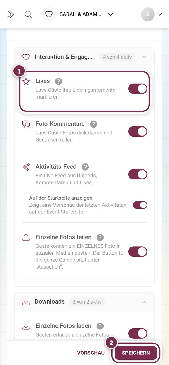 Funktionskarte Likes mit markiertem Schalter und markierter Speicherleiste