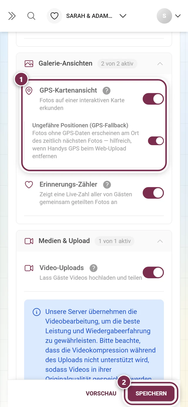 Funktionskarte GPS-Kartenansicht mit markiertem Schalter und Speicherleiste