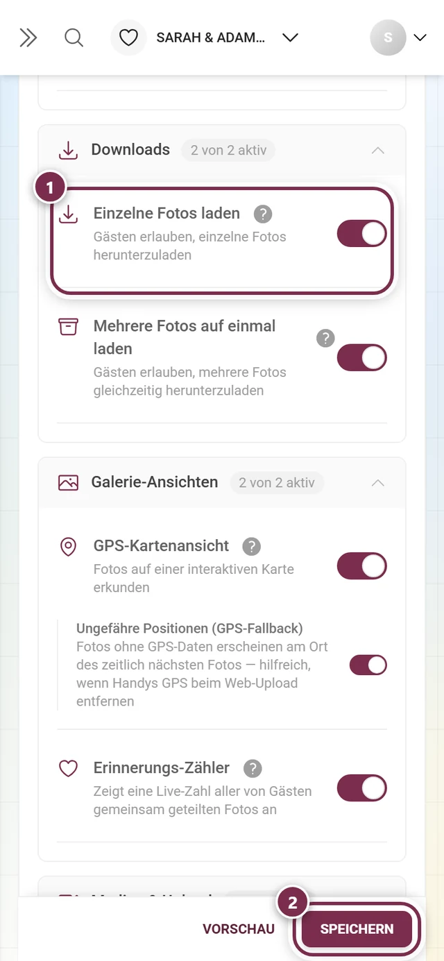 Einstellungen: Funktionen mit dem hervorgehobenen Schalter Einzelne Fotos laden