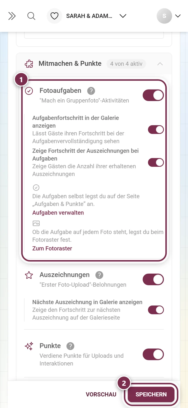 Funktionskarte Fotoaufgaben mit markiertem Schalter und Speicherleiste