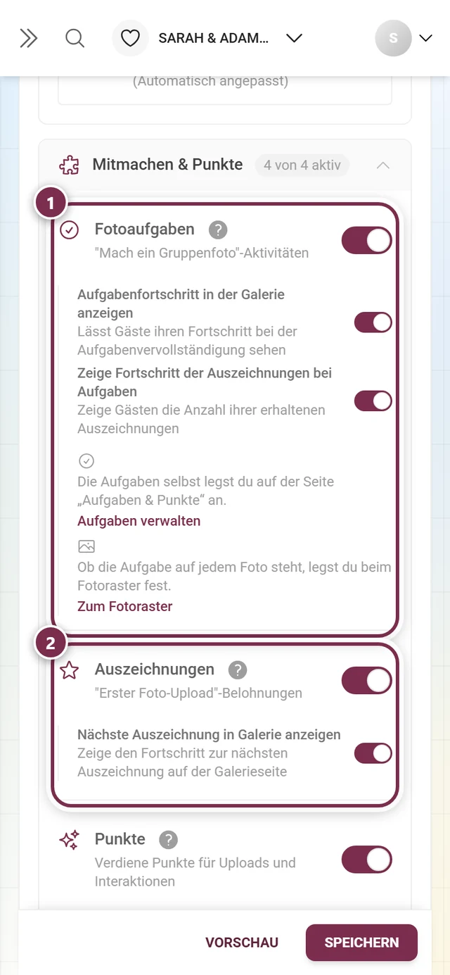Sektion Mitmachen und Punkte mit Fotoaufgaben, Auszeichnungen, Punkten und Rangliste