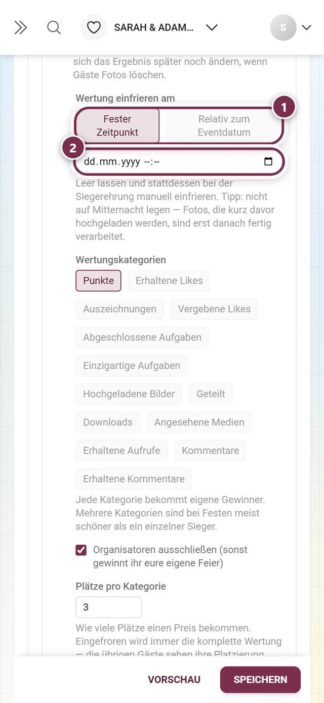 Die beiden Betriebsarten Fester Zeitpunkt und Relativ zum Eventdatum mit dem Datumsfeld darunter