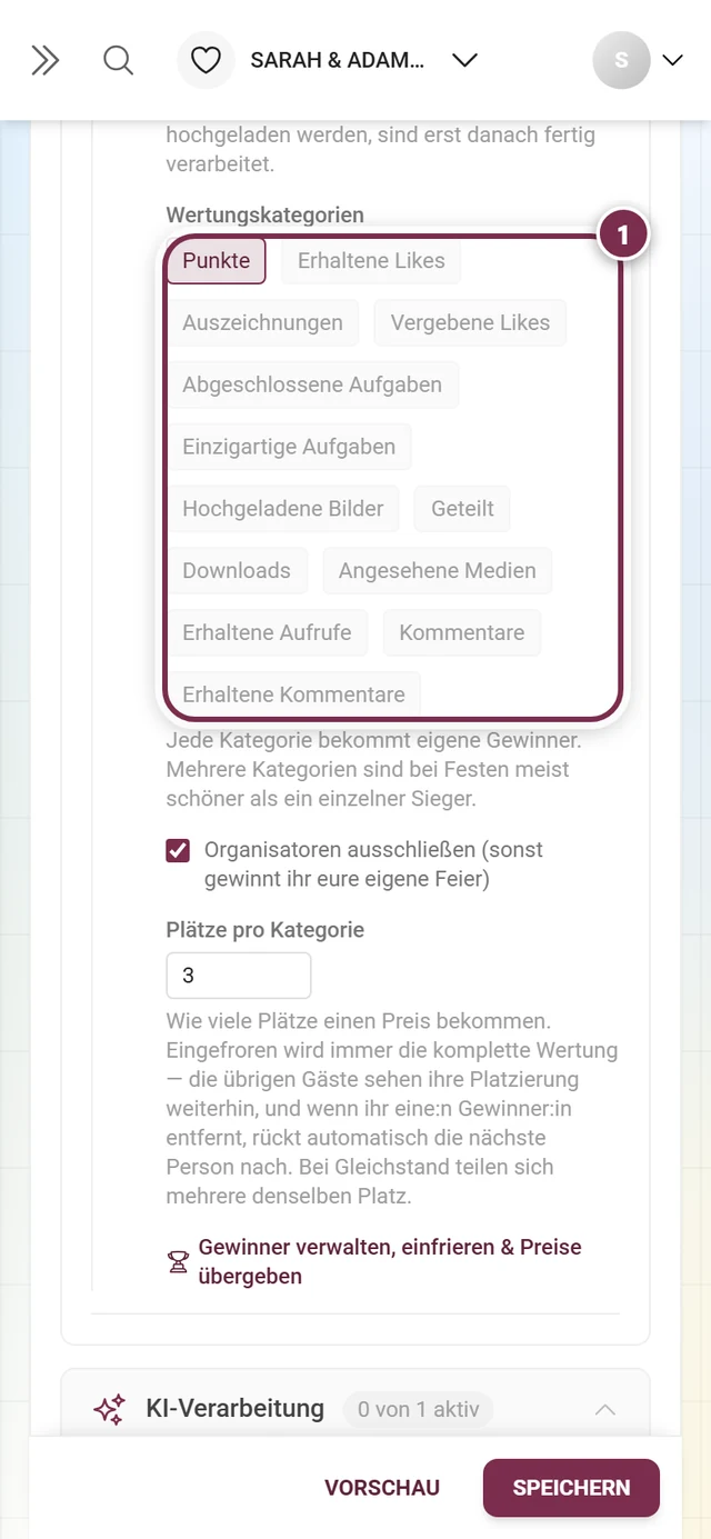 Die dreizehn Wertungskategorien als Chips, Punkte ist ausgewählt, mehrere sind ausgegraut