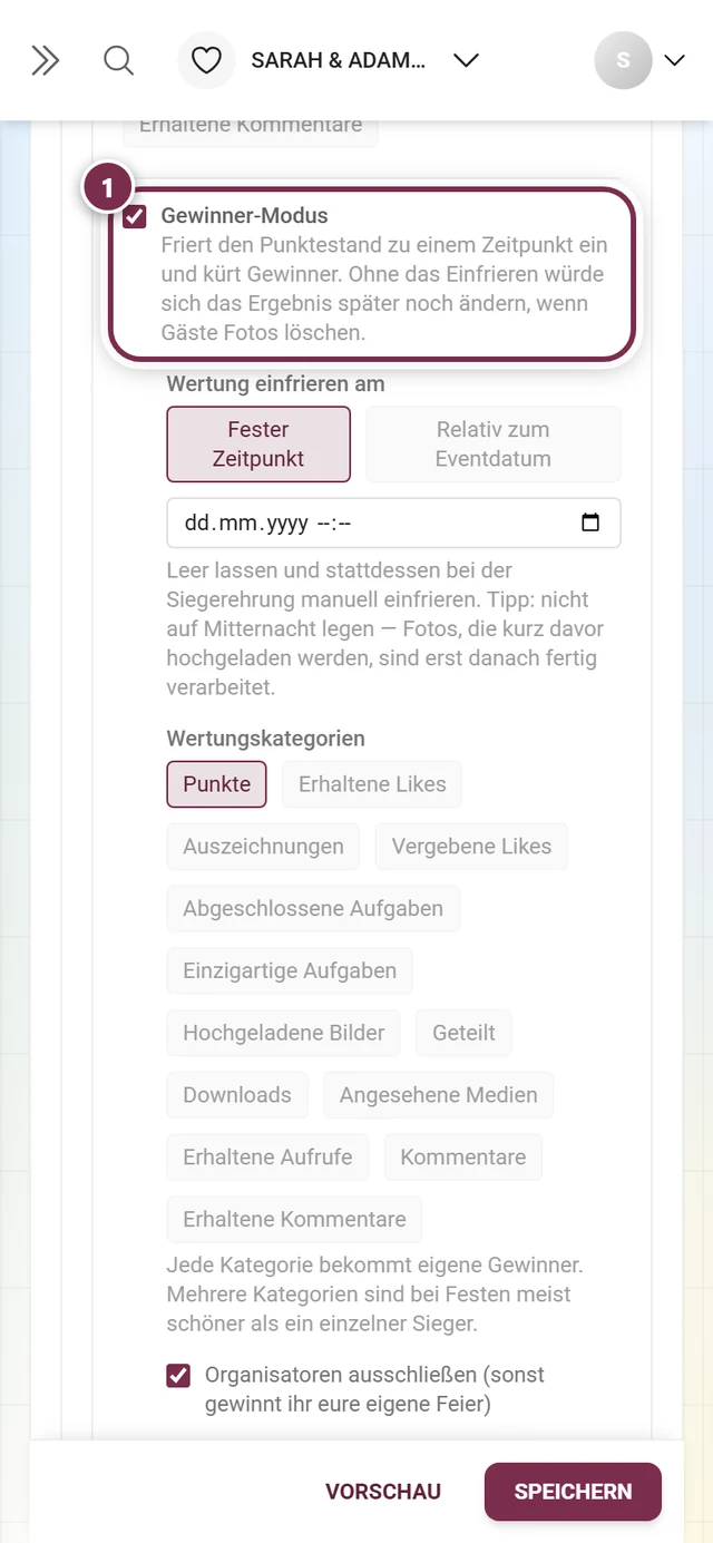 Das Häkchen Gewinner-Modus in der Karte Rangliste, darunter der erklärende Text