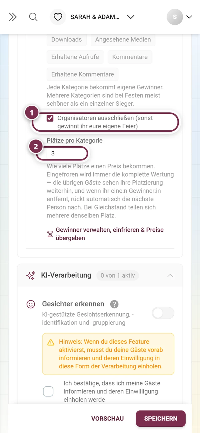 Das Häkchen Organisatoren ausschließen und darunter das Zahlenfeld Plätze pro Kategorie mit dem Wert 3