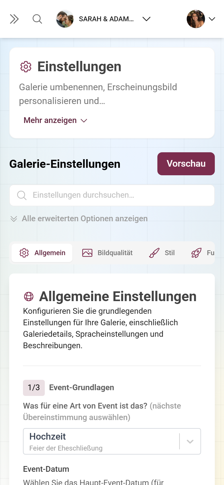 Der Tab Allgemein der Galerie-Einstellungen mit den Abschnitten Event-Grundlagen, Spracheinstellungen und Galerieinhalt