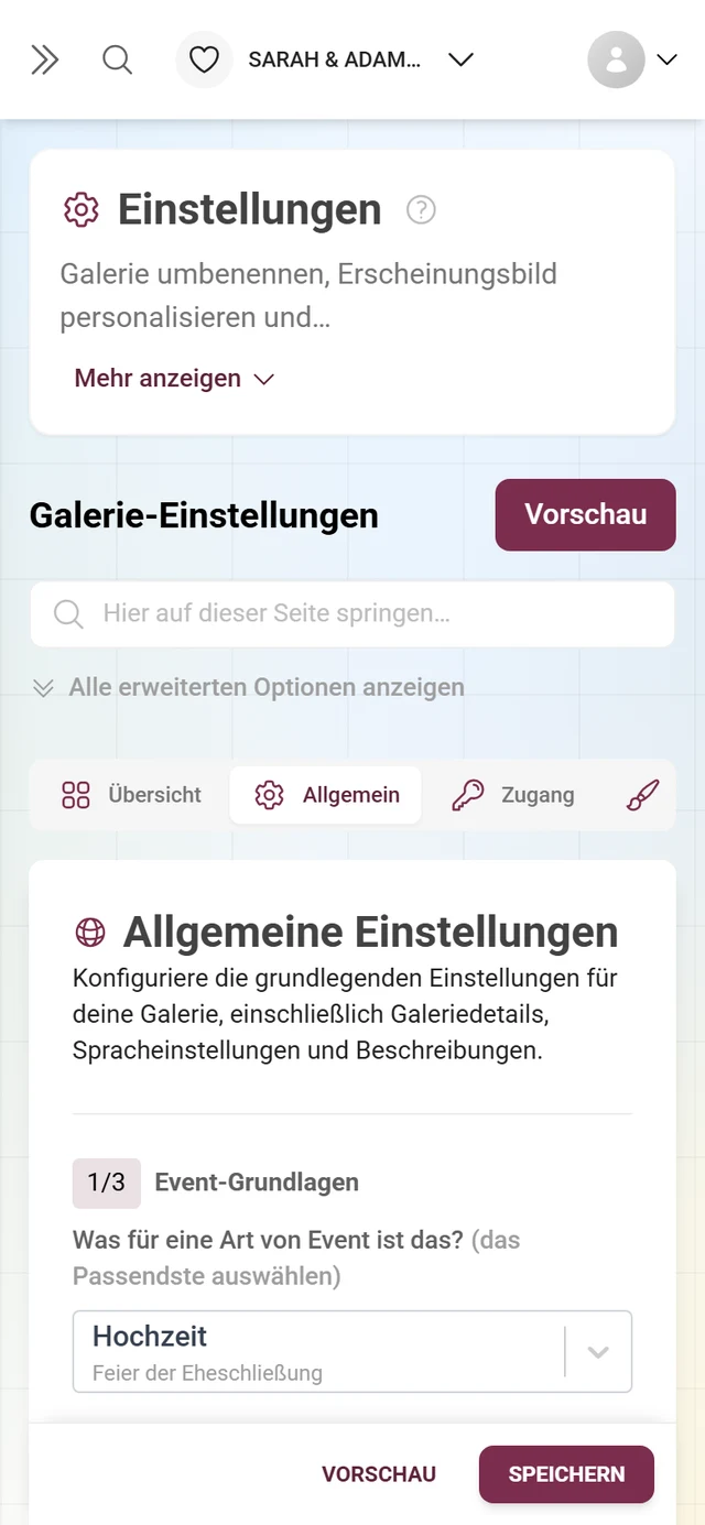 Der Tab Allgemein der Galerie-Einstellungen mit den Abschnitten Event-Grundlagen, Spracheinstellungen und Galerieinhalt