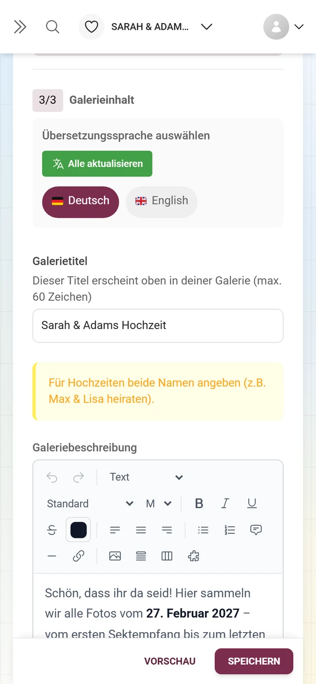 Abschnitt 3/3 Galerieinhalt mit Sprachumschalter, Galerietitel und Beschreibung