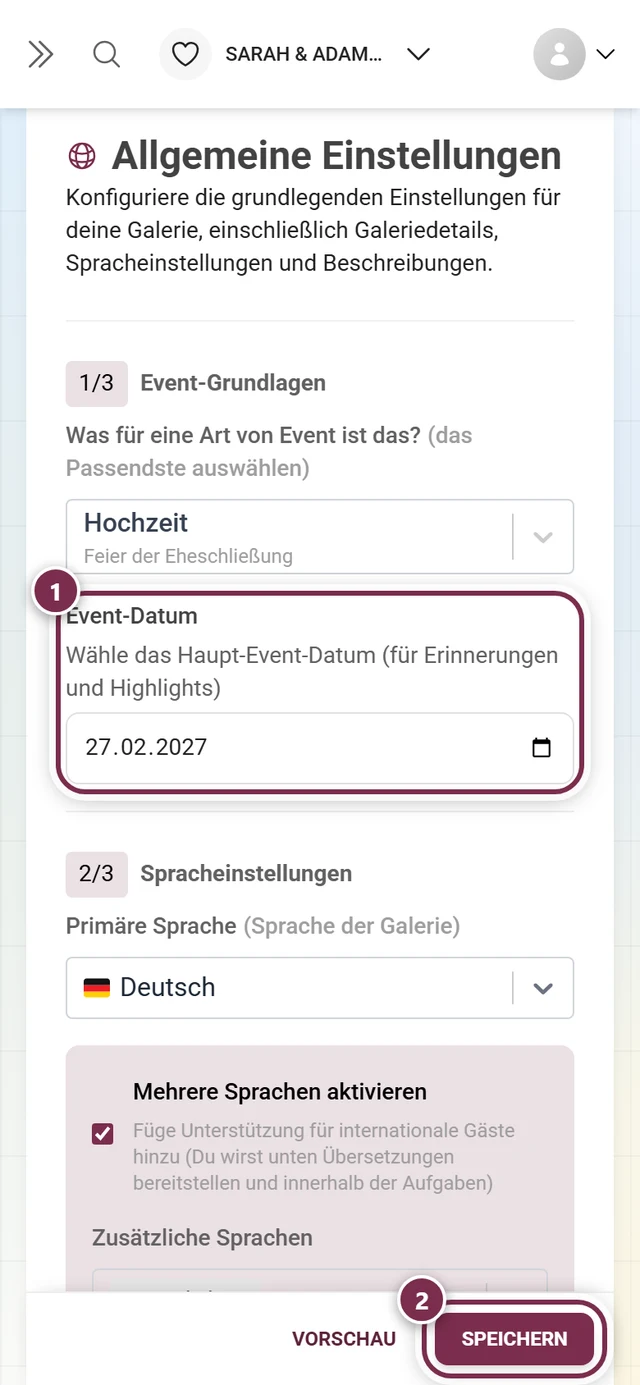 Feld Event-Datum in den allgemeinen Einstellungen mit Markierung und Speicherleiste