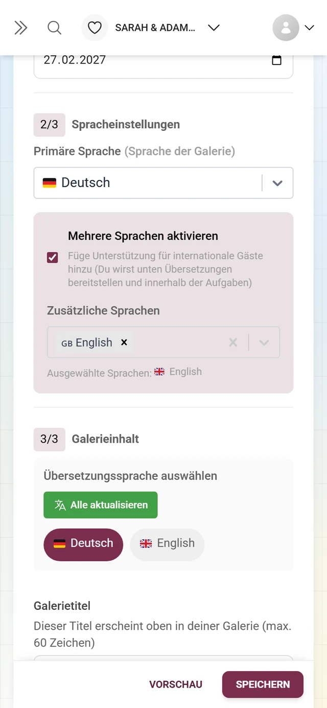 Abschnitt 2/3 Spracheinstellungen mit primärer Sprache und Zusatzsprache Englisch