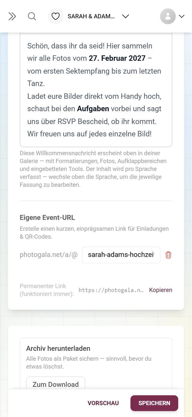 Eigene Event-URL mit Eingabefeld und permanentem Link darunter
