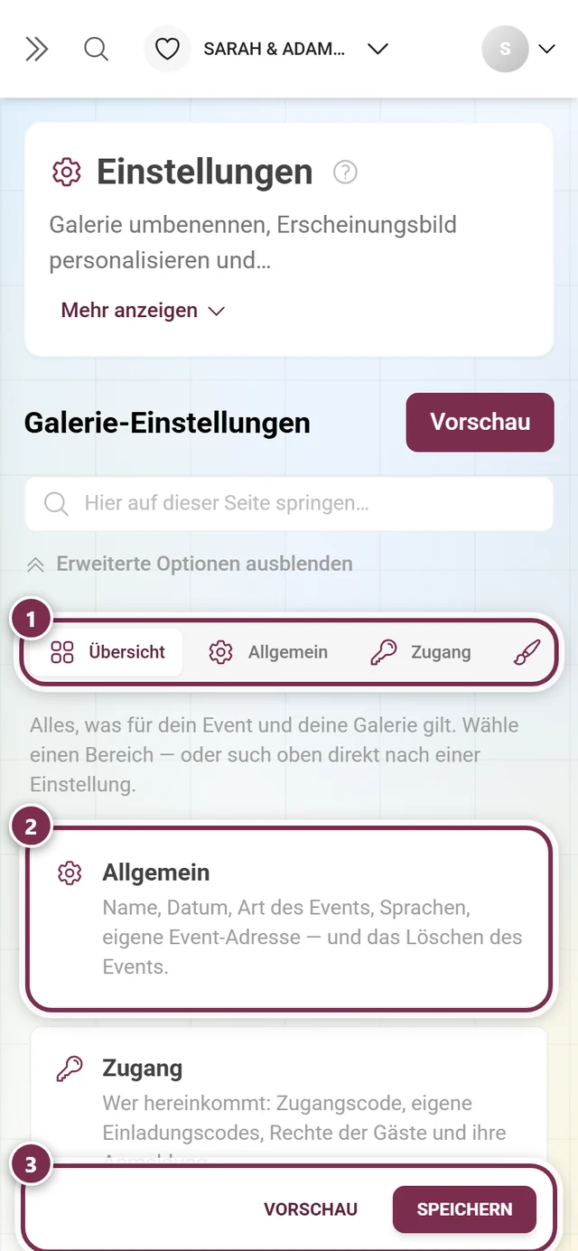 Übersichts-Kacheln der Galerie-Einstellungen