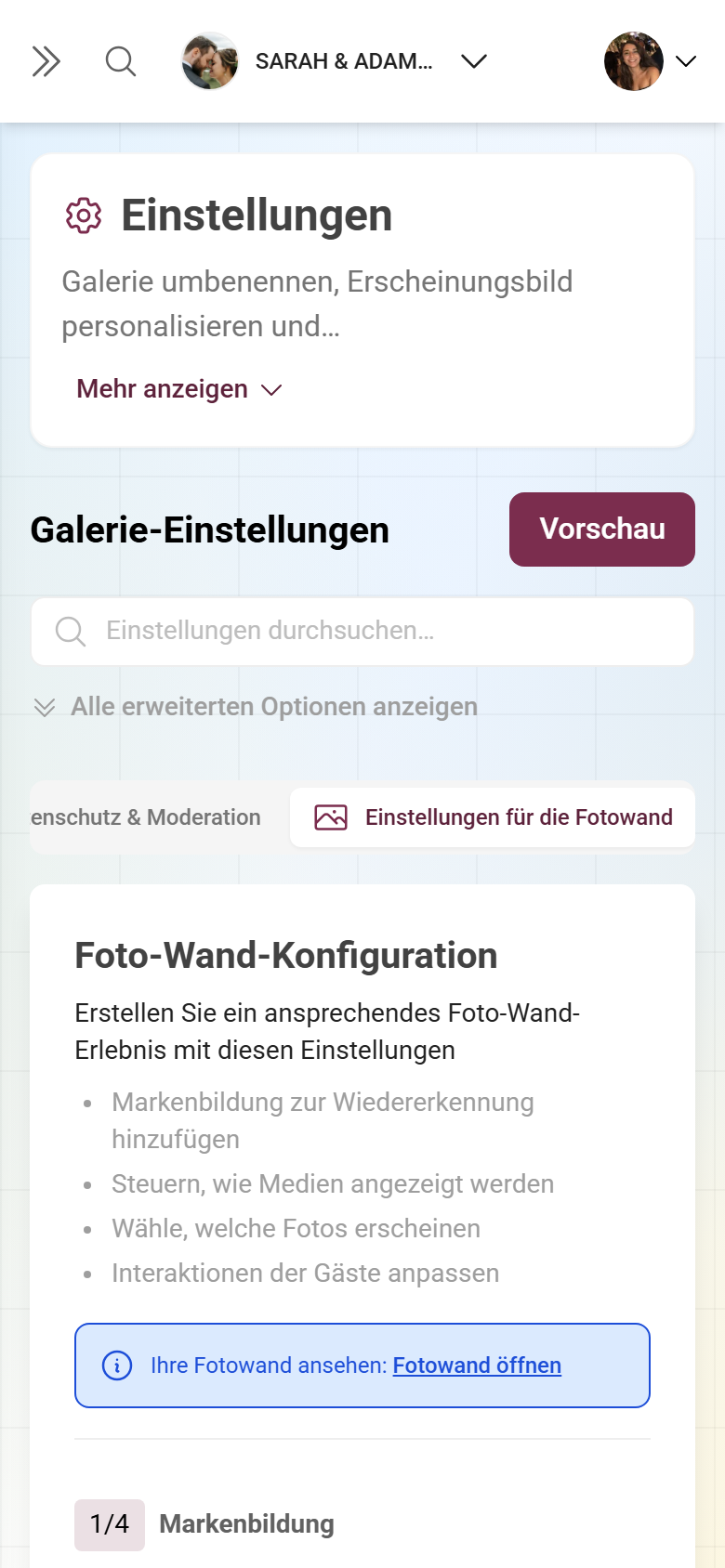 Settings-Tab Photo Wall mit Anzeigeoptionen