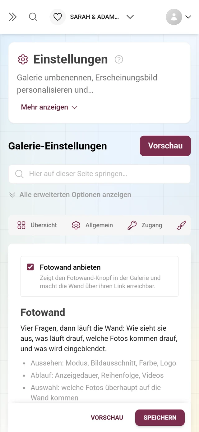 Fotowand-Tab mit dem Schalter Fotowand anbieten, der Überschrift Fotowand und der Übersicht über Aussehen, Ablauf, Auswahl und Einblendungen