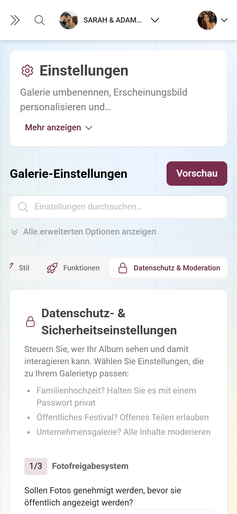 Settings-Tab Privacy und Moderation