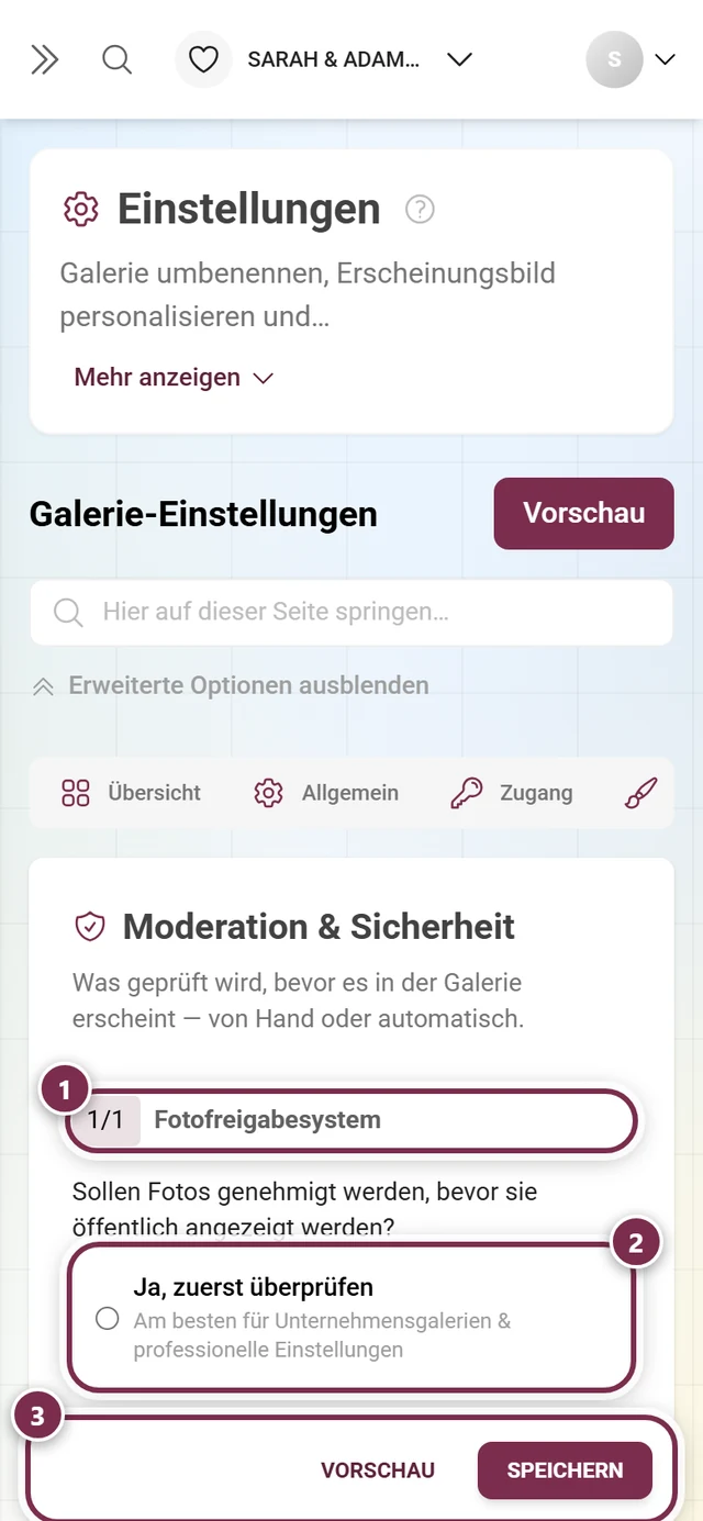 Einstellungs-Reiter Moderation und Sicherheit im Gastgeber-Bereich