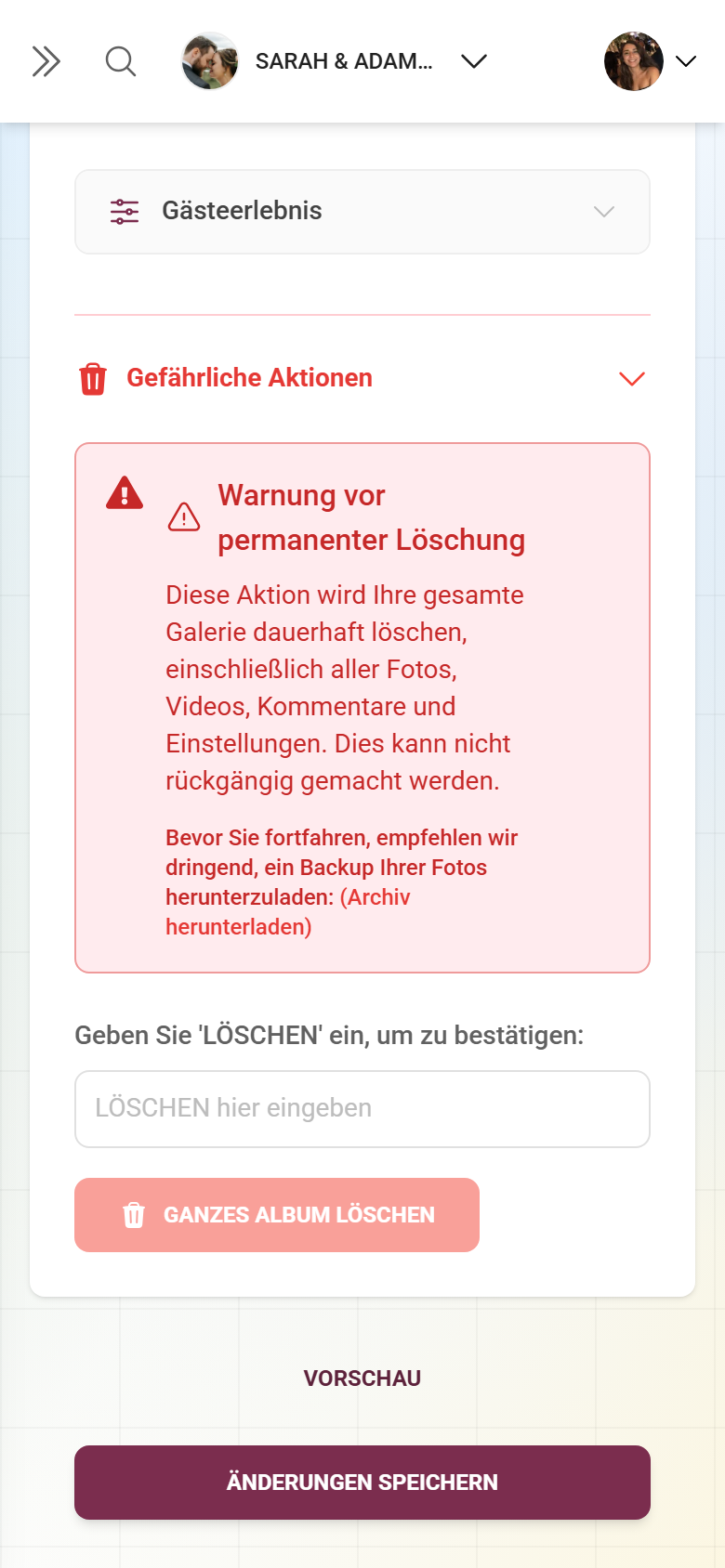 Bereich Gefährliche Aktionen mit Bestätigungsfeld und Löschbutton