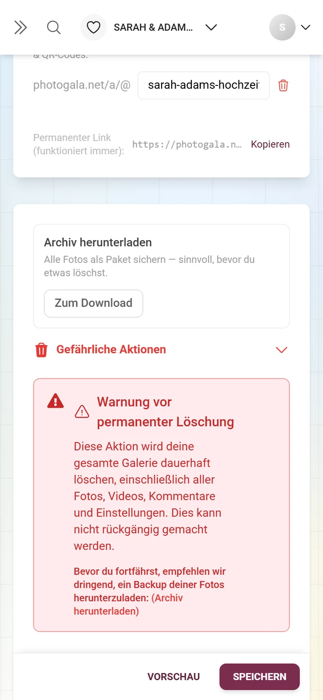 Gefahrenzone der Event-Einstellungen mit den Lösch-Aktionen