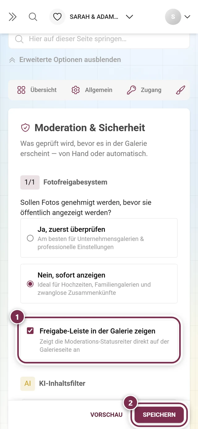 Karte Freigabe-Leiste in der Galerie zeigen mit markiertem Schalter und Speicherleiste