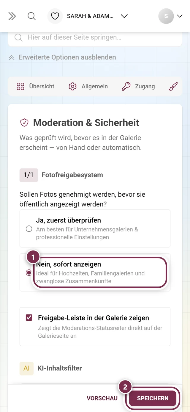 Fotofreigabesystem mit markierter Option „Nein, sofort anzeigen“ und Speicherleiste